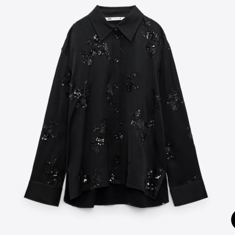 F&F 21” PTP Sequin Embellished Collared Button Down Shirt, Black, Size UK 6.